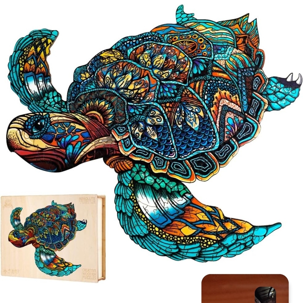 Intricate Sea Turtle Wood Jigsaw Puzzle - Teal & Orange